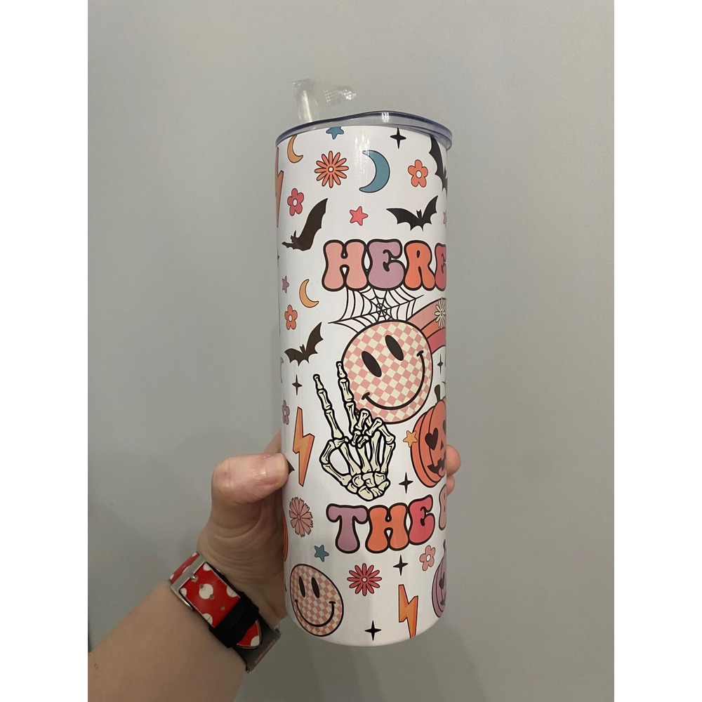 Halloween Tumbler Unisex 20oz White Here For The Boos Retro Groovy Disco Pumpkin - Picture 6 of 8